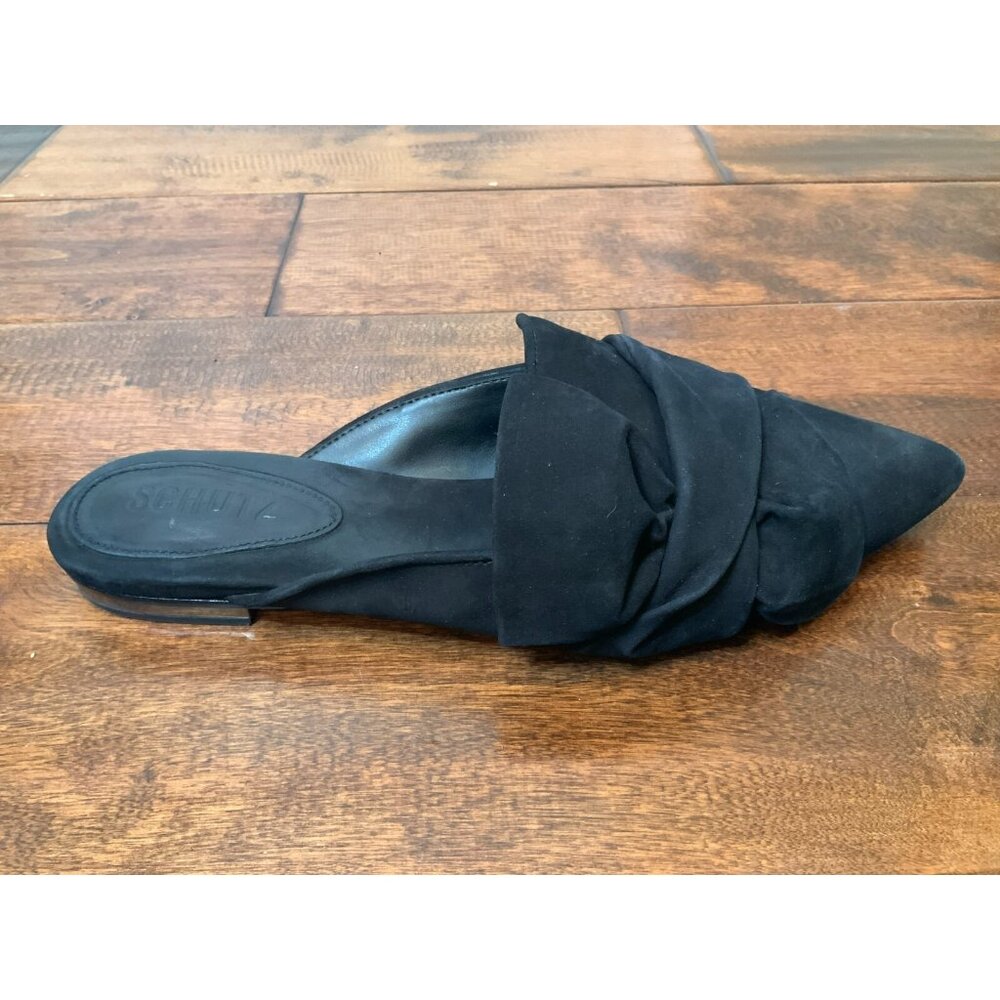 Schutz Black Suede Pointed Toe Bow Slides Flats, Size 8